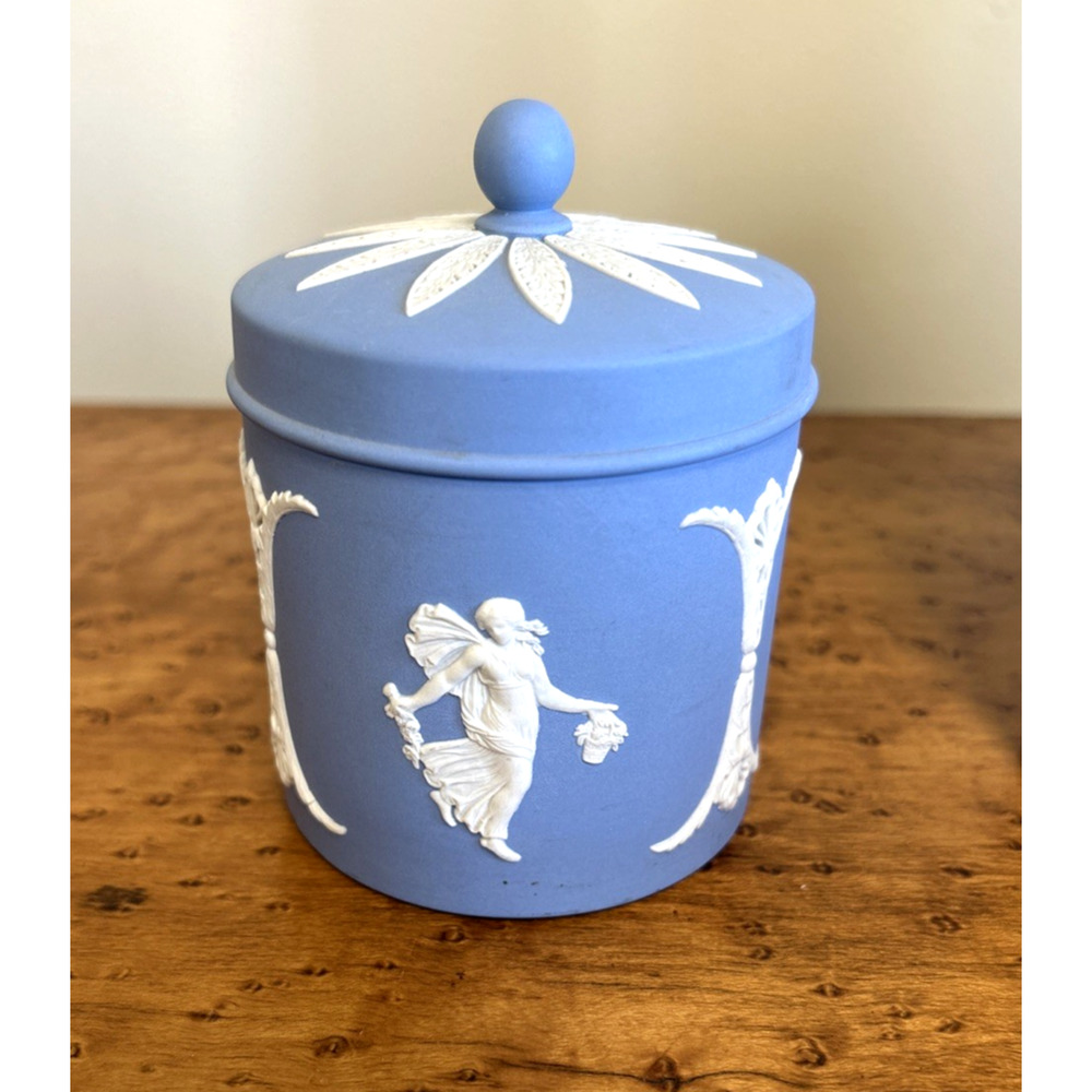 Vintage Wedgwood Dancing Hours Blue Jasper Jar With Lid Made in England Fairy